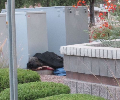 homeless people sleeping on 19th Avenue near Valley Metro Light Montebello Rail Station  at Christown Mall or Spectrum Mall