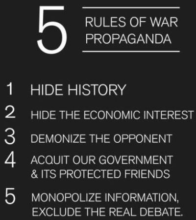 rules of war propaganda - reminds me a lot of the folks at HSGP (Humanist Society of Greater Phoenix), FFRF (Freedom of Religion Foundation) and AU-GP (Americans United for Separation of Church, Greater Phoenix) - censor, censorship - hide history, demonize the opponent, or demonize Libertarians and Republicans - monopolize information, exclude the real debate - worship the government, acquit the government and it's protected friends 