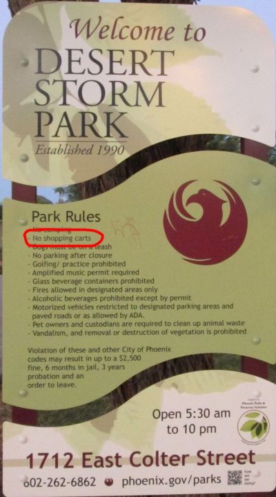 imaginary Phoenix Arizona law that make it illegal for homeless people to have shopping carts in parks - CC 24-26 - Phoenix City Code CC 24-26 - Desert Storm Park 1712 East Colter