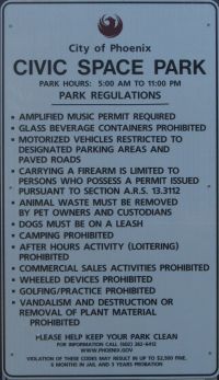 imaginary Phoenix Arizona law that make it illegal for homeless people to have shopping carts in parks - CC 24-26 - Phoenix City Code CC 24-26 - Civic Space Park Downtown Phoenix on Central & Van Buren