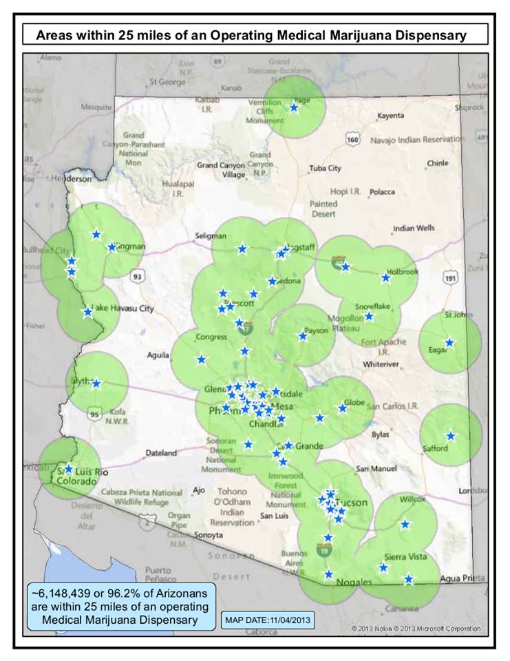 locations in Arizona where you can grow medical marijuana outside of the 25 mile limit as of 11/04/2013 - source - https://www.facebook.com/photo.php?fbid=175743679292006&set=a.108176989382009.1073741828.100005691240125&type=1&theater