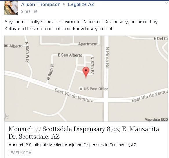 Kathy & Dave Inman own a medical marijuana dispensary? Monarch dispensary at 8729 East Manzanita Drive, Scottsdale, Arizona.